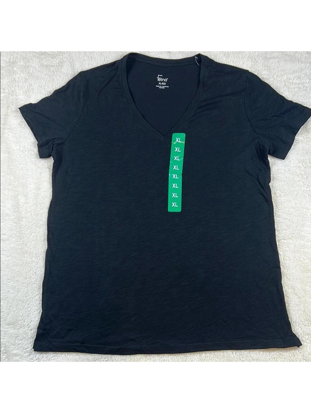 Felina Women’s Black V-Neck Short Sleeve Fitted T-Shirt Size XL